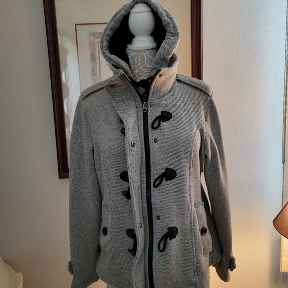 Sebby Twill Light Gray Double Breasted Hooded Peacoat - Size Large - Picture 3 of 8